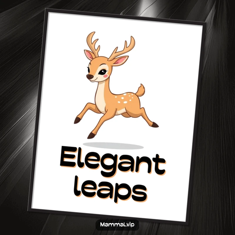 Funny poster art of a happy deer character gracefully prancing and leaping, a whimsical illustration of woodland elegance.