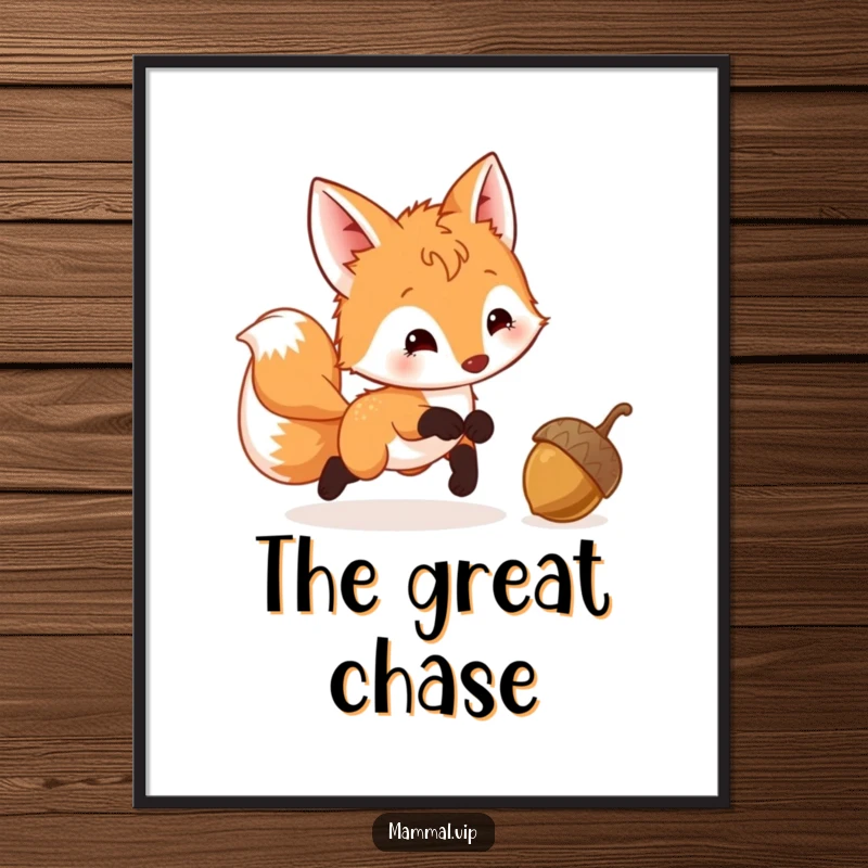 Funny Fox Cub Poster illustrating a playful cub with a wagging tail chasing a bouncing acorn, adding whimsical charm to any room.