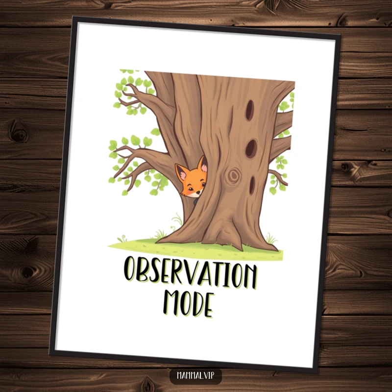 Funny poster featuring a curious fox kit peeking out from behind a large oak tree, creating a charming woodland scene.