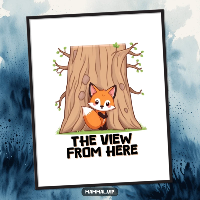 Funny fox kit poster featuring a curious character peeking from behind an oak tree, adding charm and humor to wall decor.