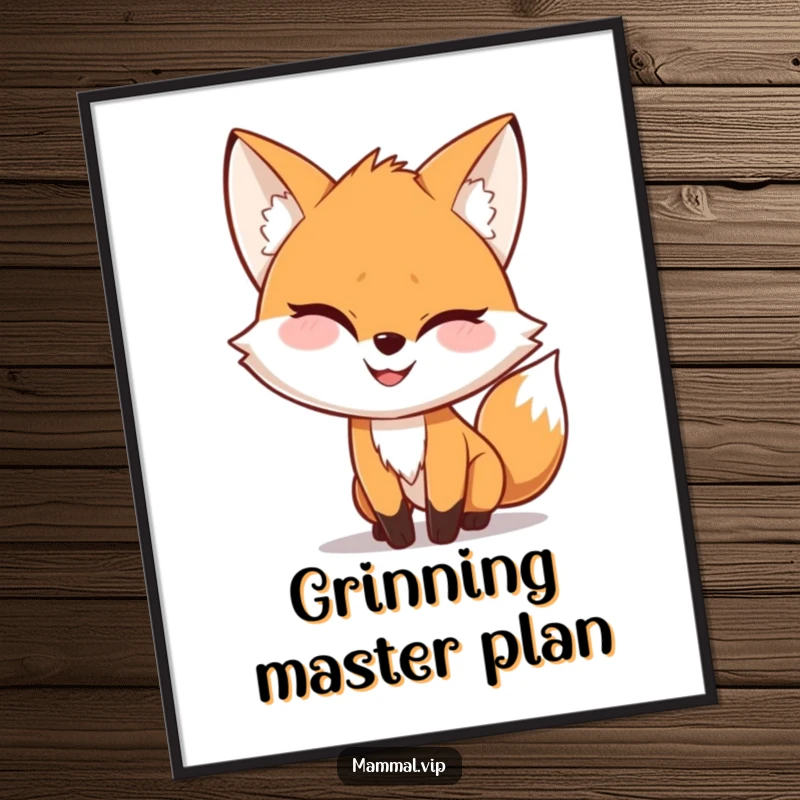 Funny Poster of a playful fox character creeping forward with a sly, mischievous grin, conveying playful cunning.