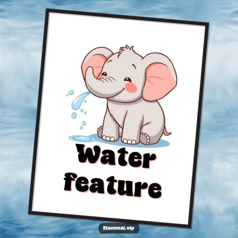 Funny poster showcasing a happy elephant mid-spray, joyfully showering water from its trunk, creating a scene of vibrant fun.