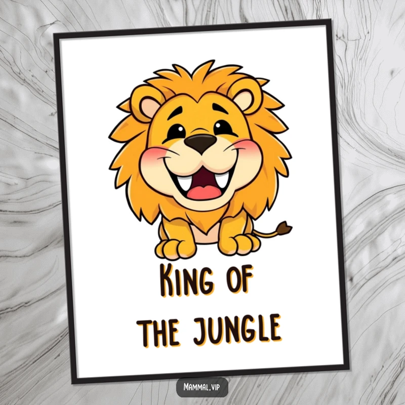 Funny poster of a happy lion character roaring with a wide, toothy grin, conveying unrestrained joy and booming laughter.