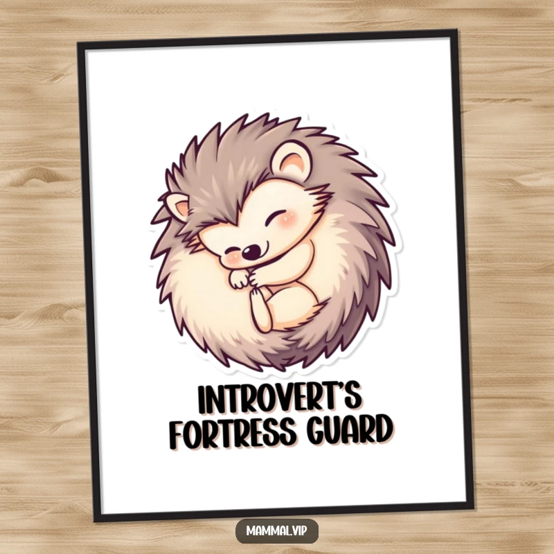 Funny hedgehog poster depicting a charming hedgehog character curled into a tight ball, conveying a sense of peaceful seclusion and humorous charm.