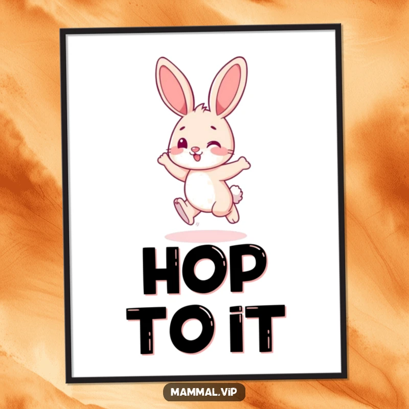 Funny bunny character playfully hopping with joy, as a humorous wall art poster.