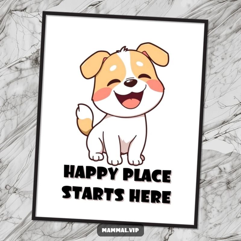 Funny dog poster, a joyful cartoon dog with a wagging tail, captured mid-bark with pure delight, ideal for wall decor.