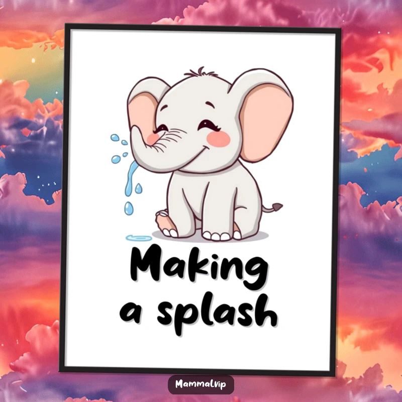 Funny Elephant Poster: A joyful elephant sprays water playfully, bringing vibrant energy and cheerful splashy vibes to any room.