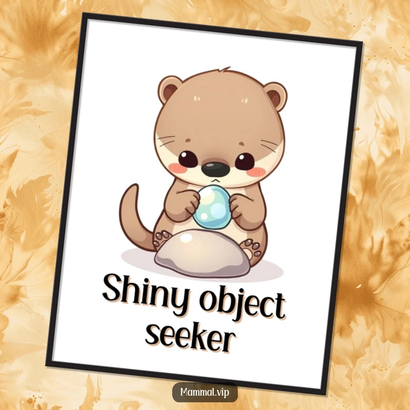 Funny Poster of a curious otter character joyfully playing with a shiny, floating pebble, capturing a moment of pure happiness.