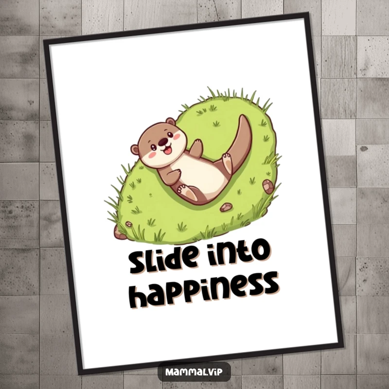 Funny Poster: Cheerful otter character gleefully sliding down a grassy hill.