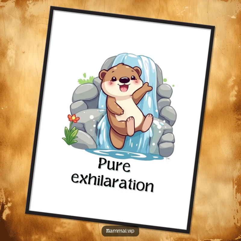 Funny otter sliding down a waterfall poster, featuring a playful character with glee, dynamic wall art and a funny gift.