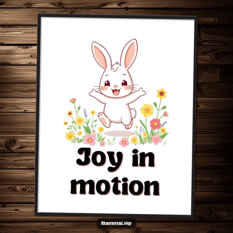Funny poster featuring a bouncy rabbit character enthusiastically hopping in a vibrant field of flowers, bringing joy to any wall.