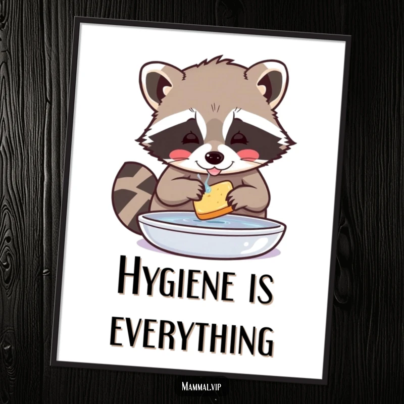Funny Raccoon Poster: Playful raccoon character washing food with extreme care, creating a humorous and artistic wall piece.