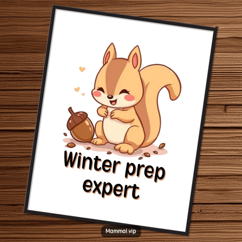 Funny poster featuring a playful squirrel character chattering while burying an acorn, creating a charming woodland scene.