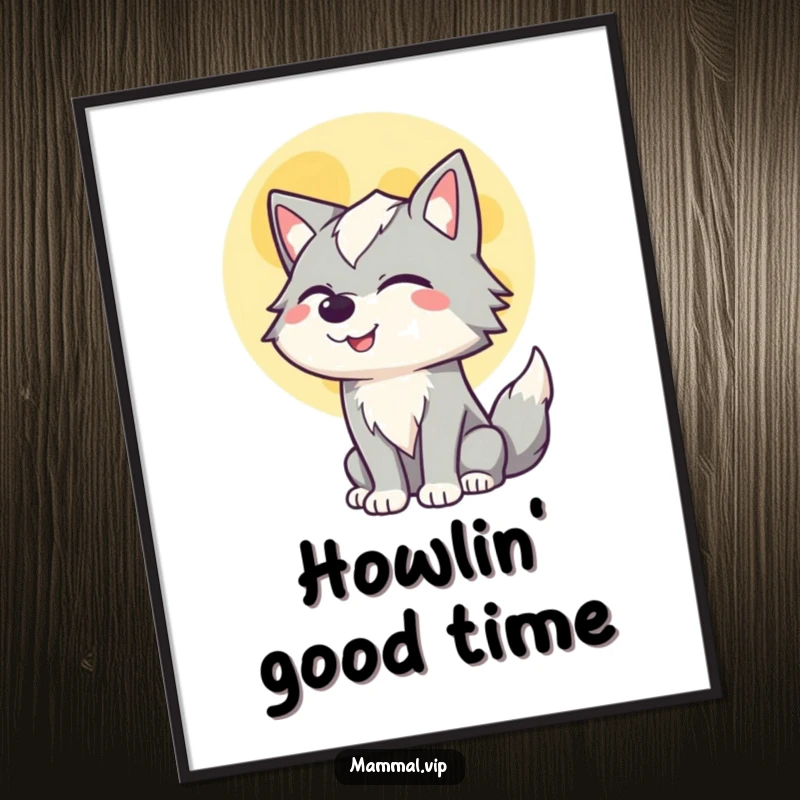 Funny poster of a winking wolf joyfully howling at a luminous full moon, creating a magical and humorous nighttime scene.