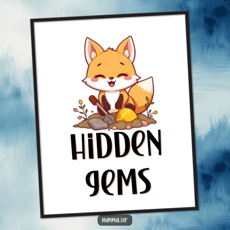 Funny fox digging for treasure poster, featuring an excited character seeking hidden riches, inspiring wall art and a funny gift.