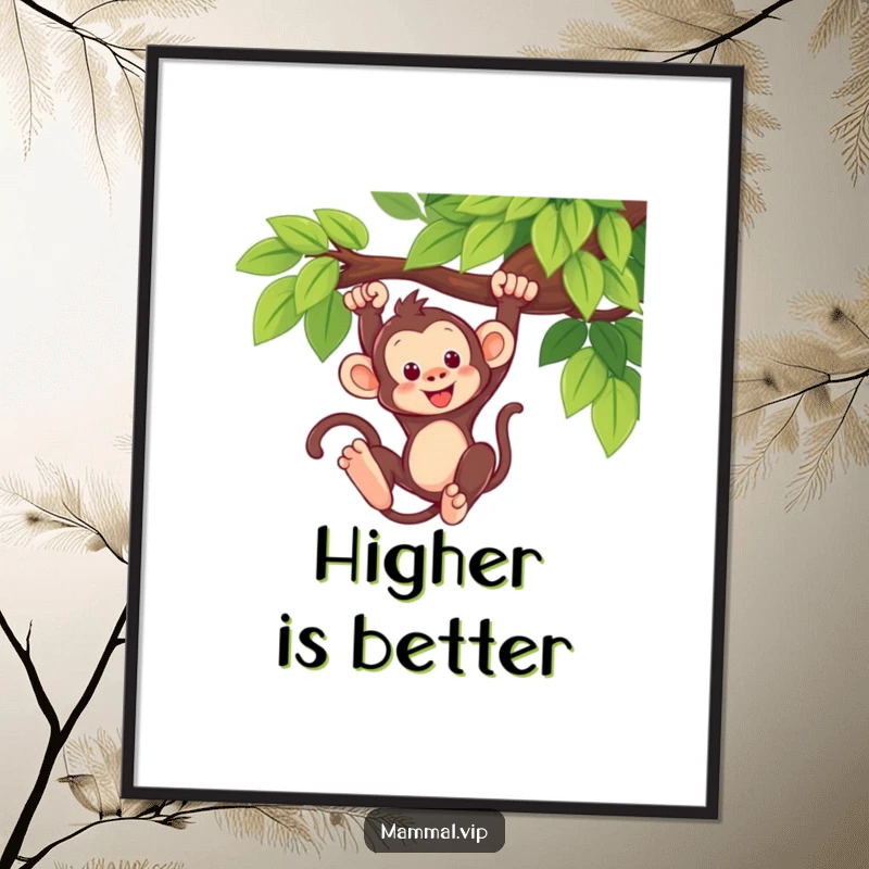 Funny Monkey Swing Poster: A cute monkey swinging from a tree branch, perfect for adding vibrant, playful energy to wall decor. Print.