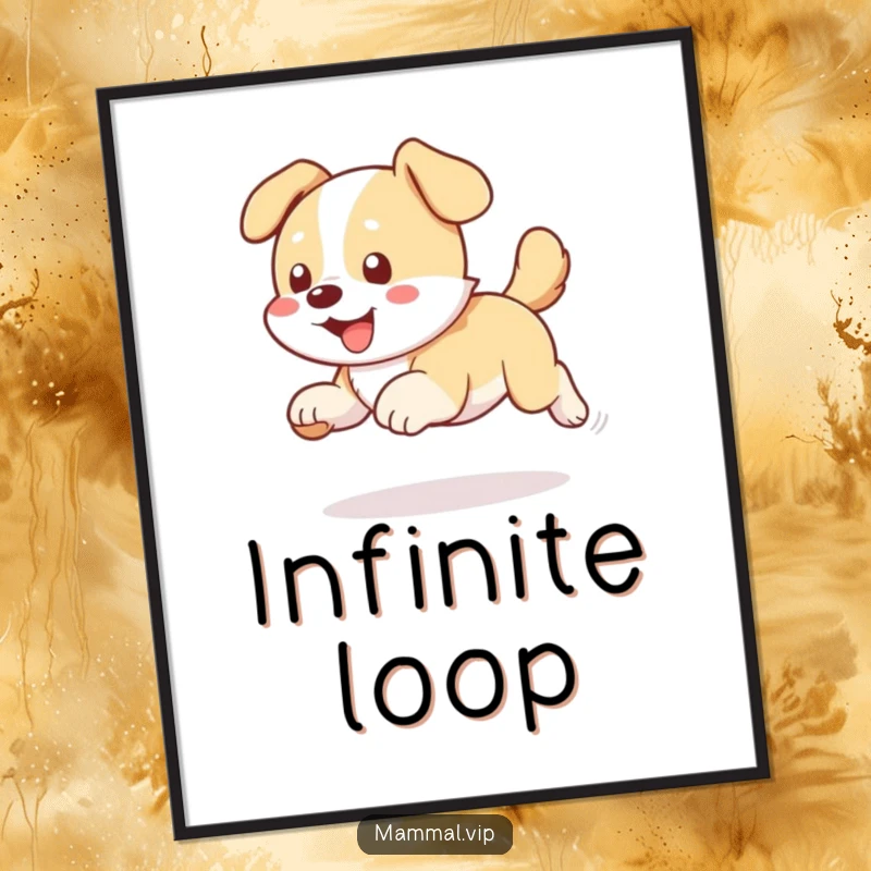 Funny dog chasing tail poster, a humorous wall art print of a dog spinning, great for pet-themed decor.