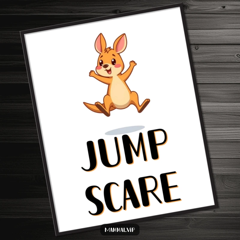 Funny poster showcasing a surprised kangaroo comically overshooting a jump, a humorous piece of wall art depicting a funny mishap.