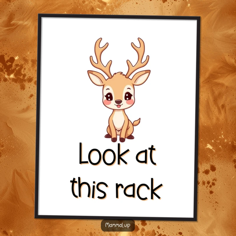Funny Deer Poster: A happy deer character with large antlers striking a proud pose, majestic woodland art.