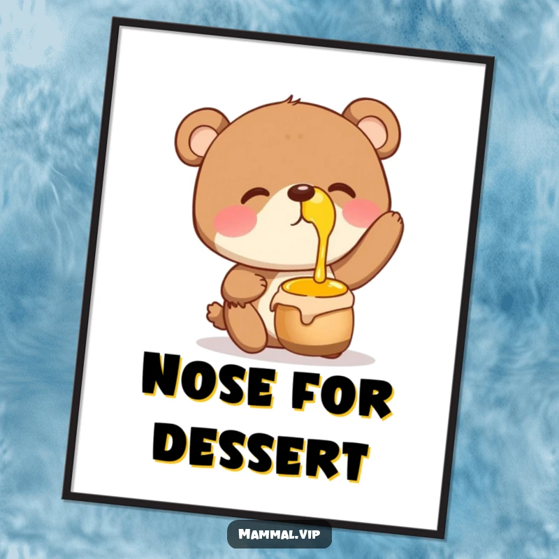 Funny Poster of a giggling bear character balancing a pot of honey on its nose, conveying pure delight and humor.