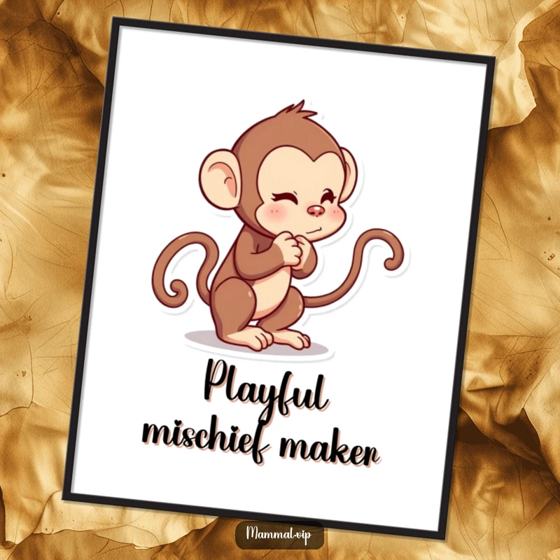 Funny poster of a curious cartoon monkey character playfully tugging its own tail, evoking mischief and joy.