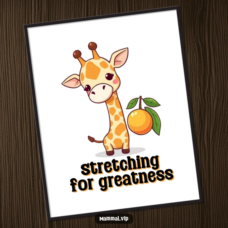 Funny poster featuring a cute giraffe character comically attempting to reach a low-hanging piece of fruit, evoking relatable humor and effort.