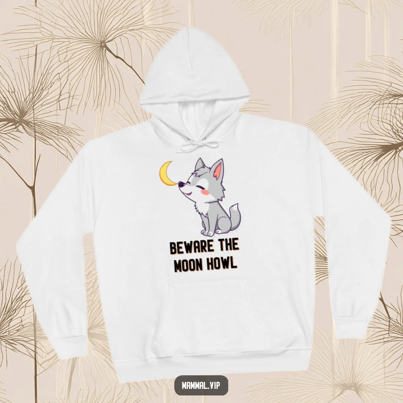 Funny Wolf Hoodie: A silly wolf character howls joyfully at a crescent moon, portraying a humorous and endearing nocturnal scene.