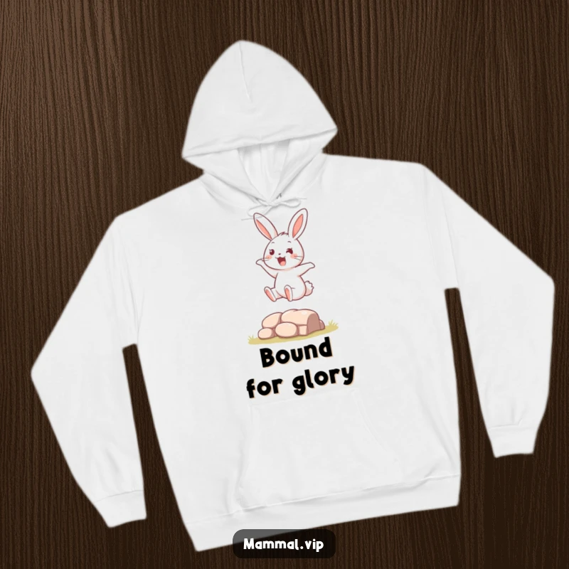 Funny Hoodie with a detailed illustration of a bouncy rabbit character gleefully leaping over a small hurdle, embodying playful motion.