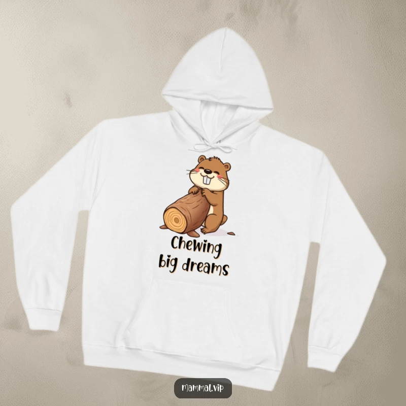 Funny beaver hoodie depicting a happy cartoon beaver chewing a comically large log, ideal for cozy humor seekers.