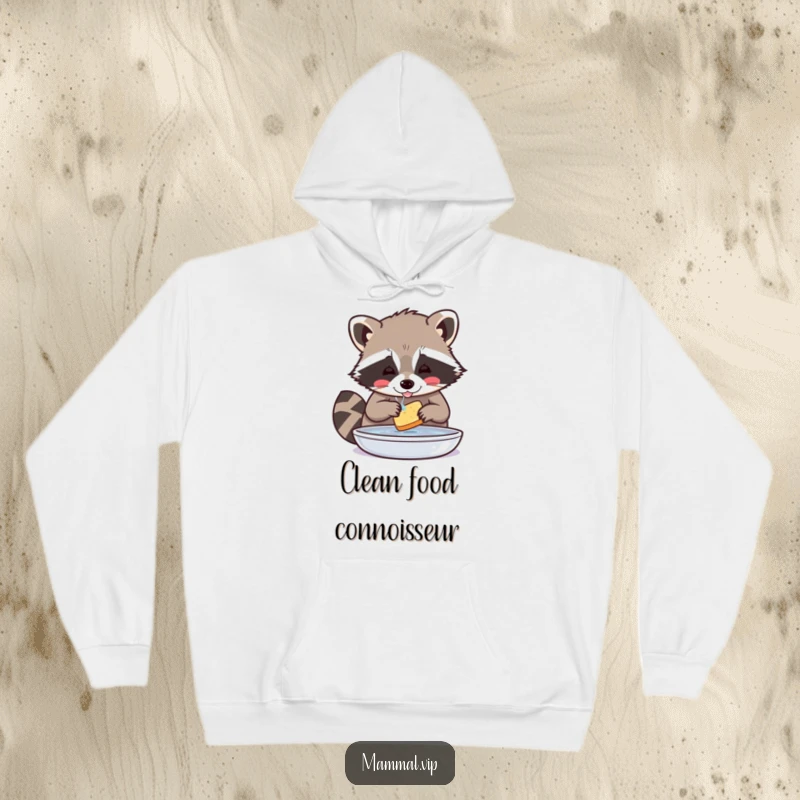 Funny Raccoon Hoodie: Playful raccoon character washing food with great care, offering cozy comfort and a humorous touch.