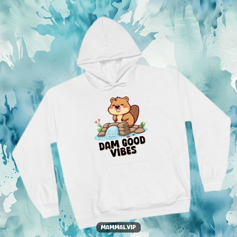 Funny beaver hoodie with a happy character diligently building a small dam, perfect for staying warm and expressing a love for construction and humor.