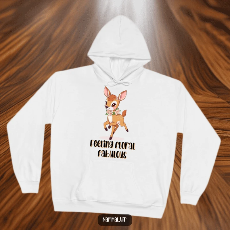 Funny deer fawn with a flower garland, prancing on a warm hoodie. A cozy and funny gift.