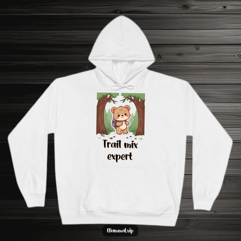 Funny bear cub with a backpack, exploring a dense forest, printed on a warm hoodie. Ideal funny gift.