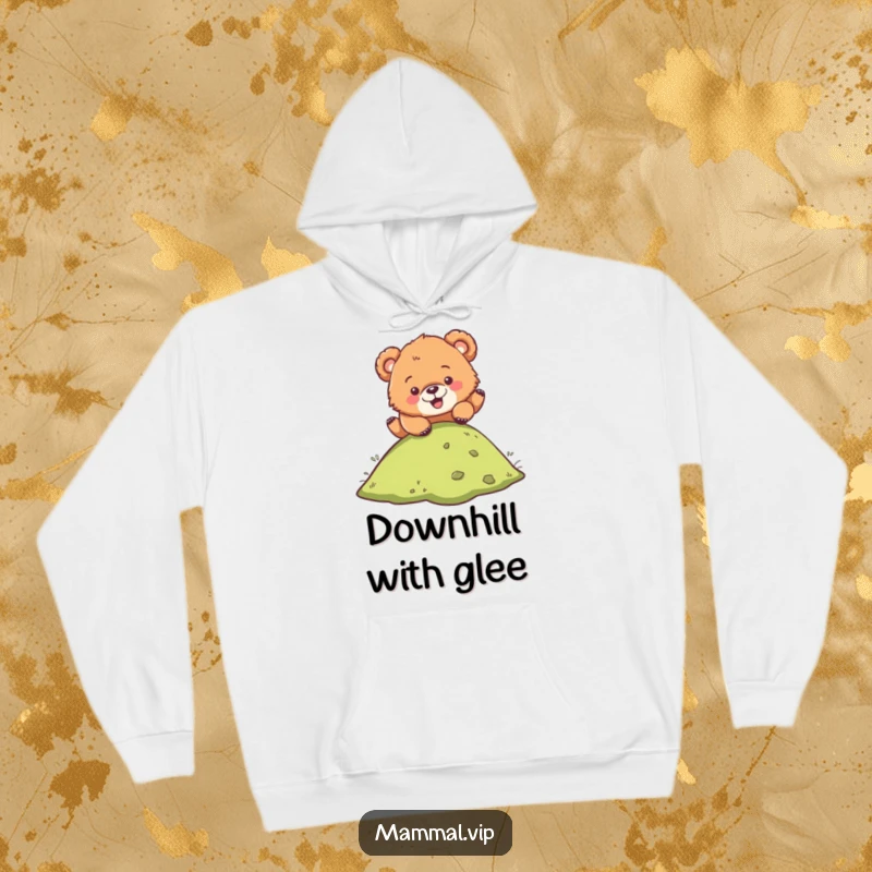 Funny hoodie showcasing a fluffy bear cub character in the midst of a comical tumble down a hill, perfect for cozy laughs.