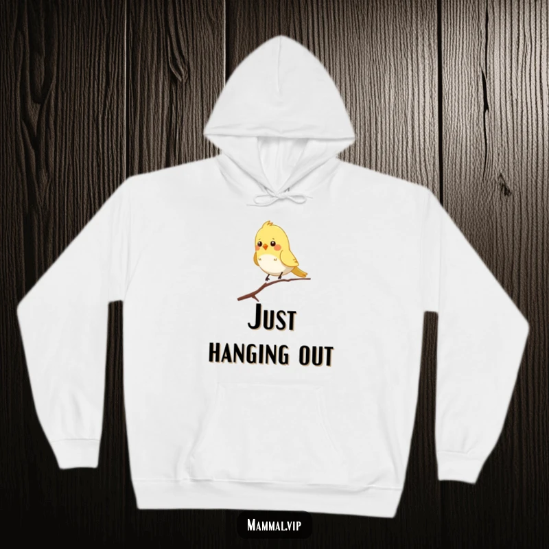 Funny hoodie featuring a chirpy bird character balancing on a skinny branch, offering warmth and cheerful humor.