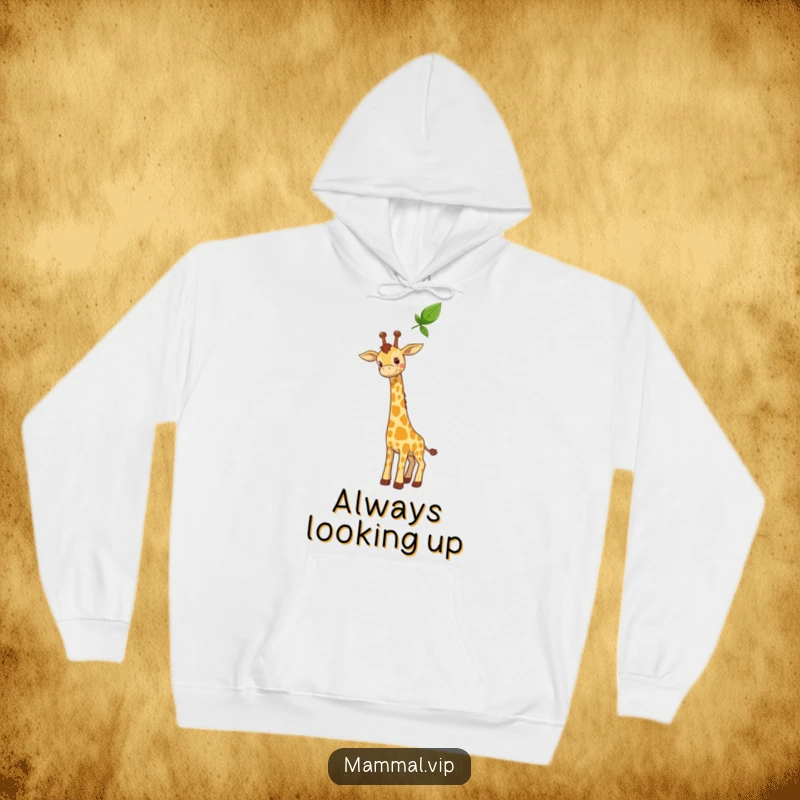 Funny hoodie depicting a curious giraffe character stretching its long neck towards a high leaf, offering warmth and a touch of whimsy.