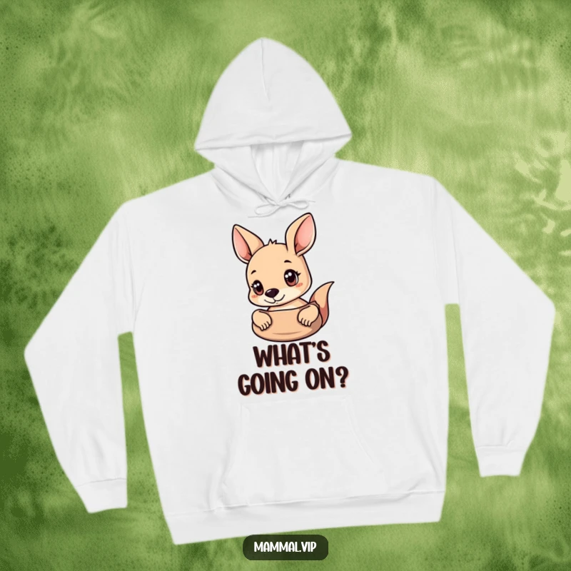 Funny Kangaroo Hoodie showing a curious kangaroo peeking out of its pouch with big, wondering eyes.
