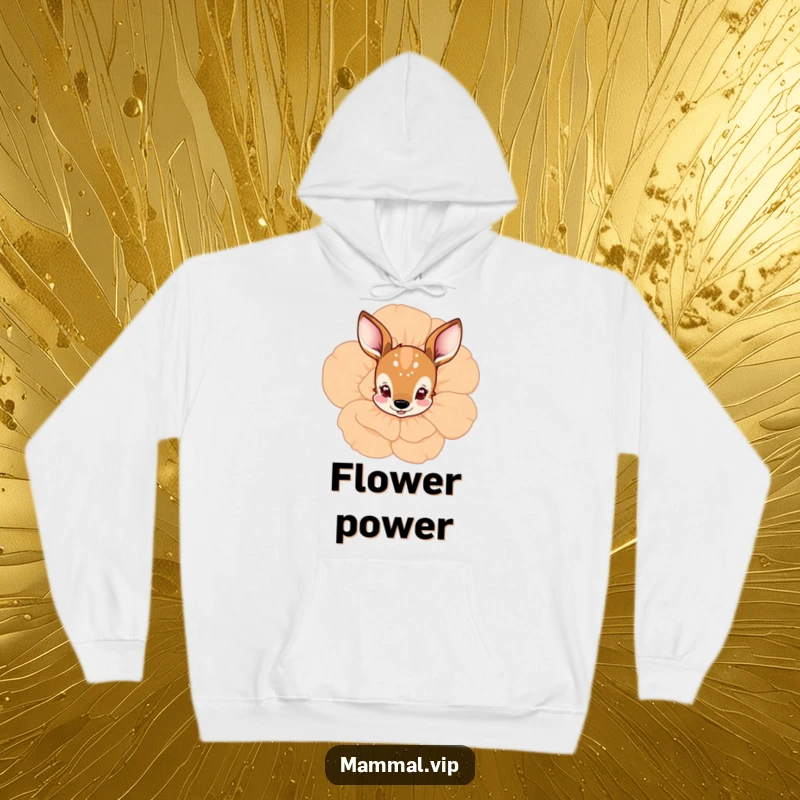 Funny deer peeking from behind a flower hoodie, showing a curious character among blooms, perfect for comfort and a funny gift.