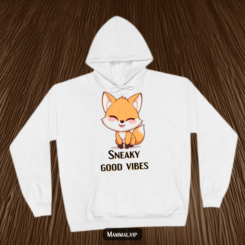 Funny Hoodie depicting a playful fox character creeping up with a cheeky and mischievous grin, radiating slyness.