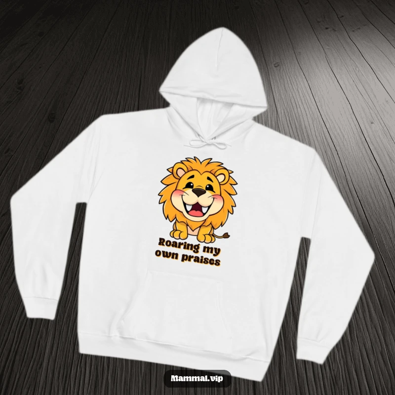 Funny hoodie showing a happy lion character roaring with a wide, toothy grin, expressing bold and joyful ferocity.