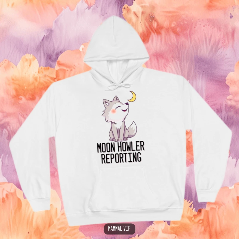 Funny wolf hoodie showcasing a cheerful wolf howling gleefully towards a radiant crescent moon, embodying wild, happy energy.
