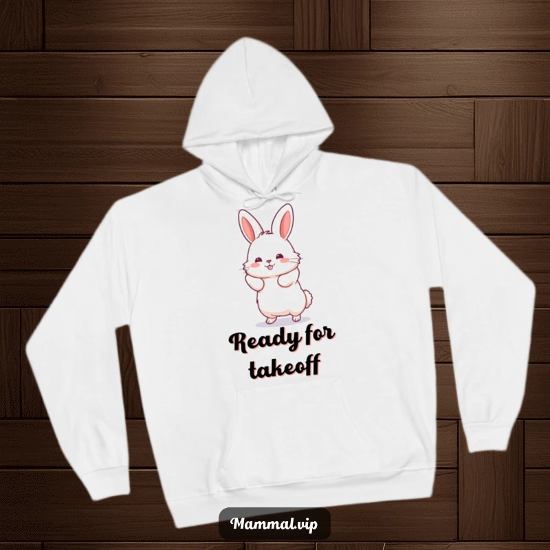 Funny Jumping Rabbit Hoodie featuring a fluffy rabbit with hind legs stretched out, ready for a powerful leap, symbolizing energy.