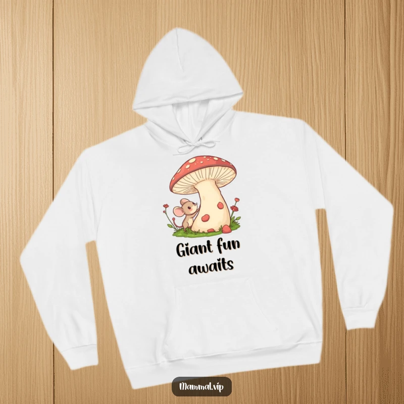 Funny hoodie featuring a tiny mouse character excitedly exploring a giant mushroom, ideal for cozy fantasy adventures.