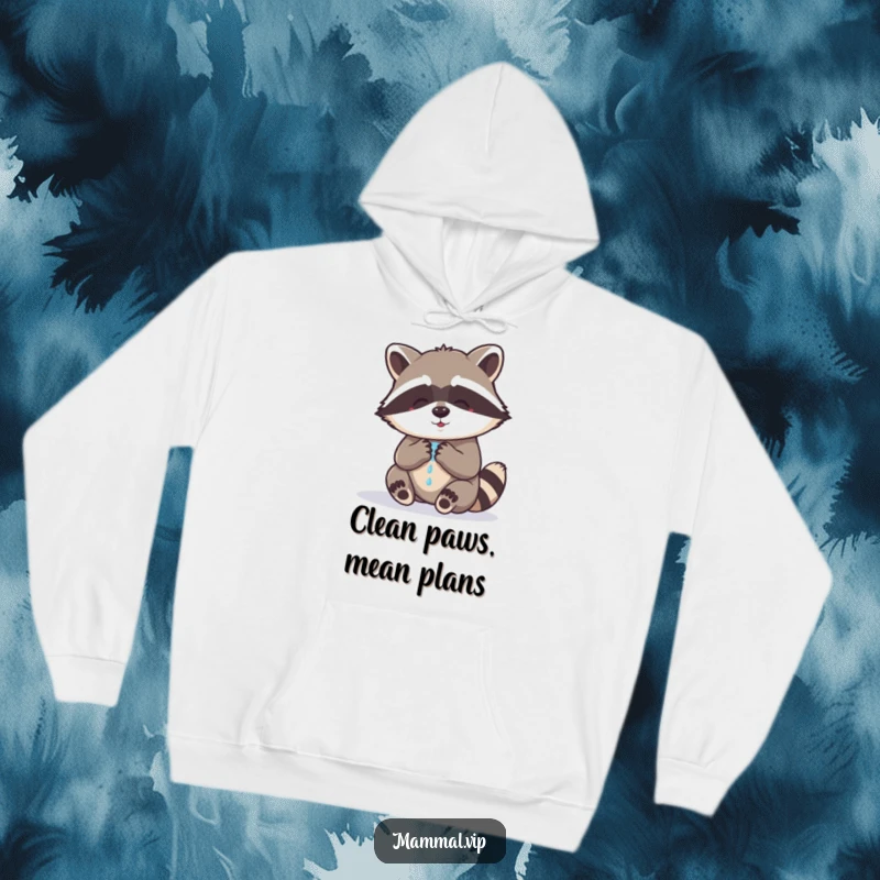 Funny raccoon hoodie featuring a cute raccoon busy washing its paws, radiating a sense of gentle, humorous dedication to cleanliness.