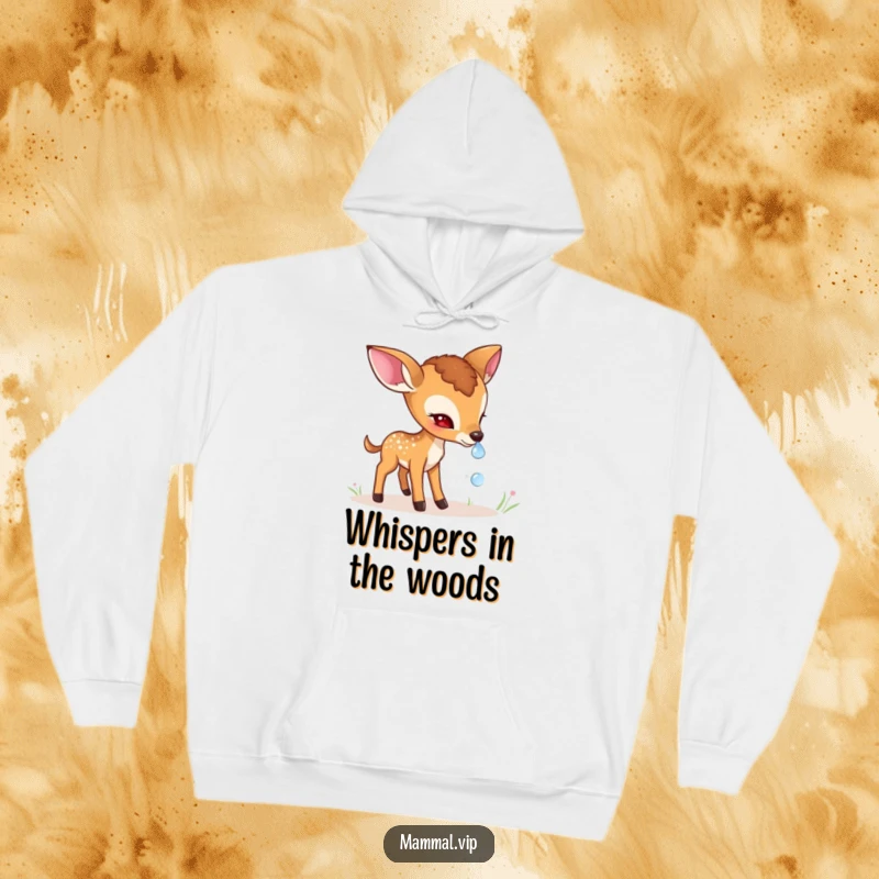 Funny shy deer fawn hoodie with a gentle character cautiously sniffing a dewdrop, offering warmth and a peaceful, nature-inspired vibe.