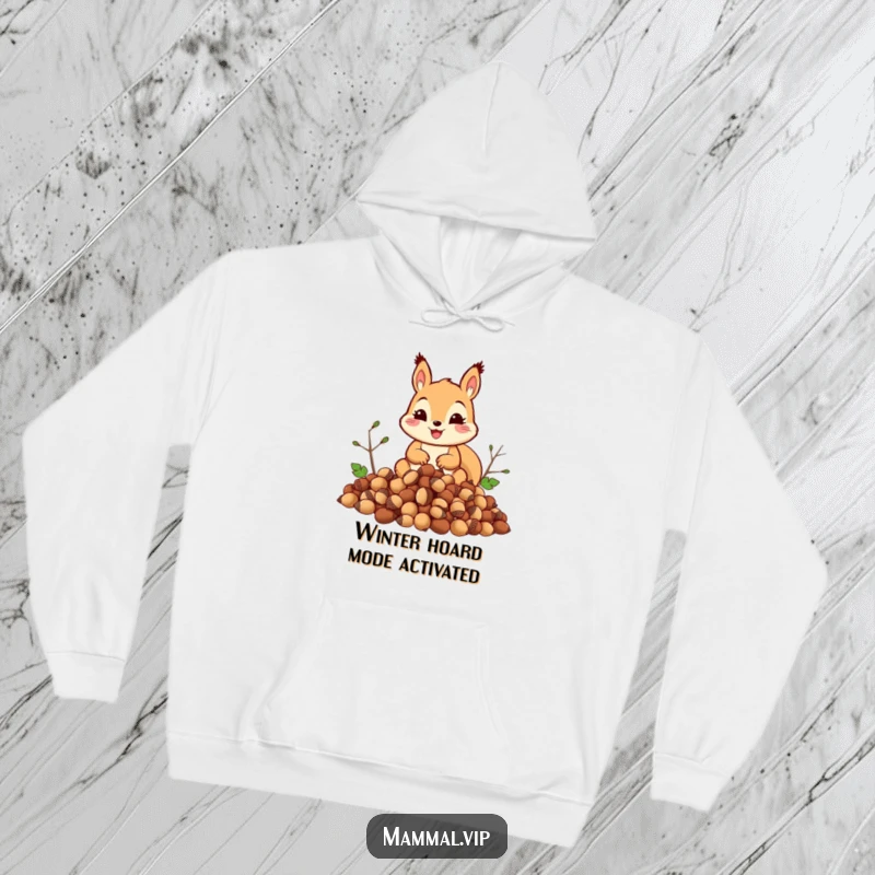 Funny squirrel hoodie showing a happy squirrel atop a massive pile of acorns, reflecting its funny, energetic pursuit of nutty riches.