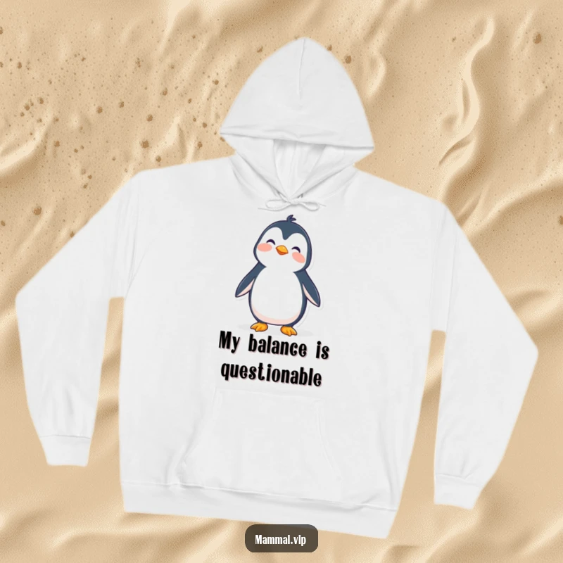 Funny hoodie featuring a wobbly penguin character trying to stand, offering warmth and a dose of relatable humor.