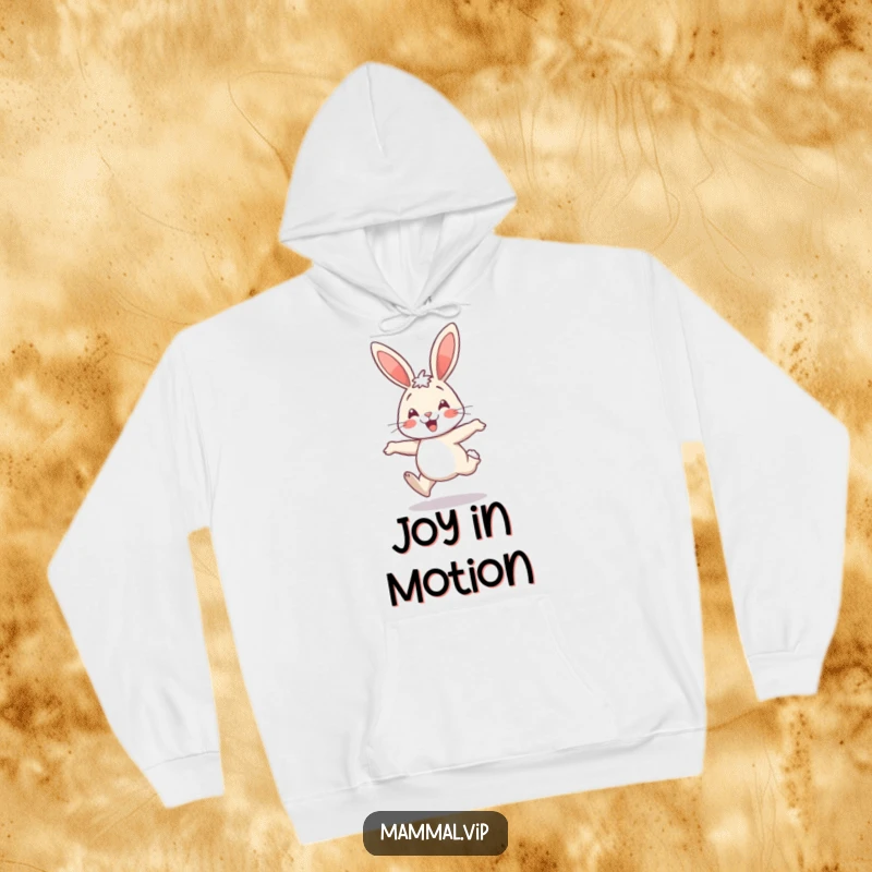 Funny cheerful rabbit hopping, a cozy and humorous hoodie for spreading joy.