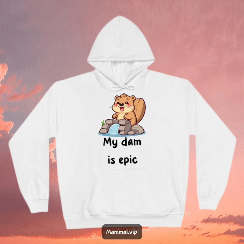 Funny beaver hoodie featuring a happy beaver enthusiastically building a dam, perfect for cozy, hardworking humor.