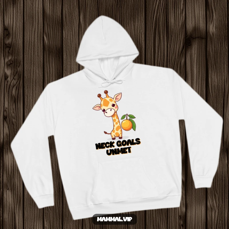 Funny hoodie depicting a cute giraffe character comically trying to reach a low-hanging fruit, combining warmth with animal-themed humor.